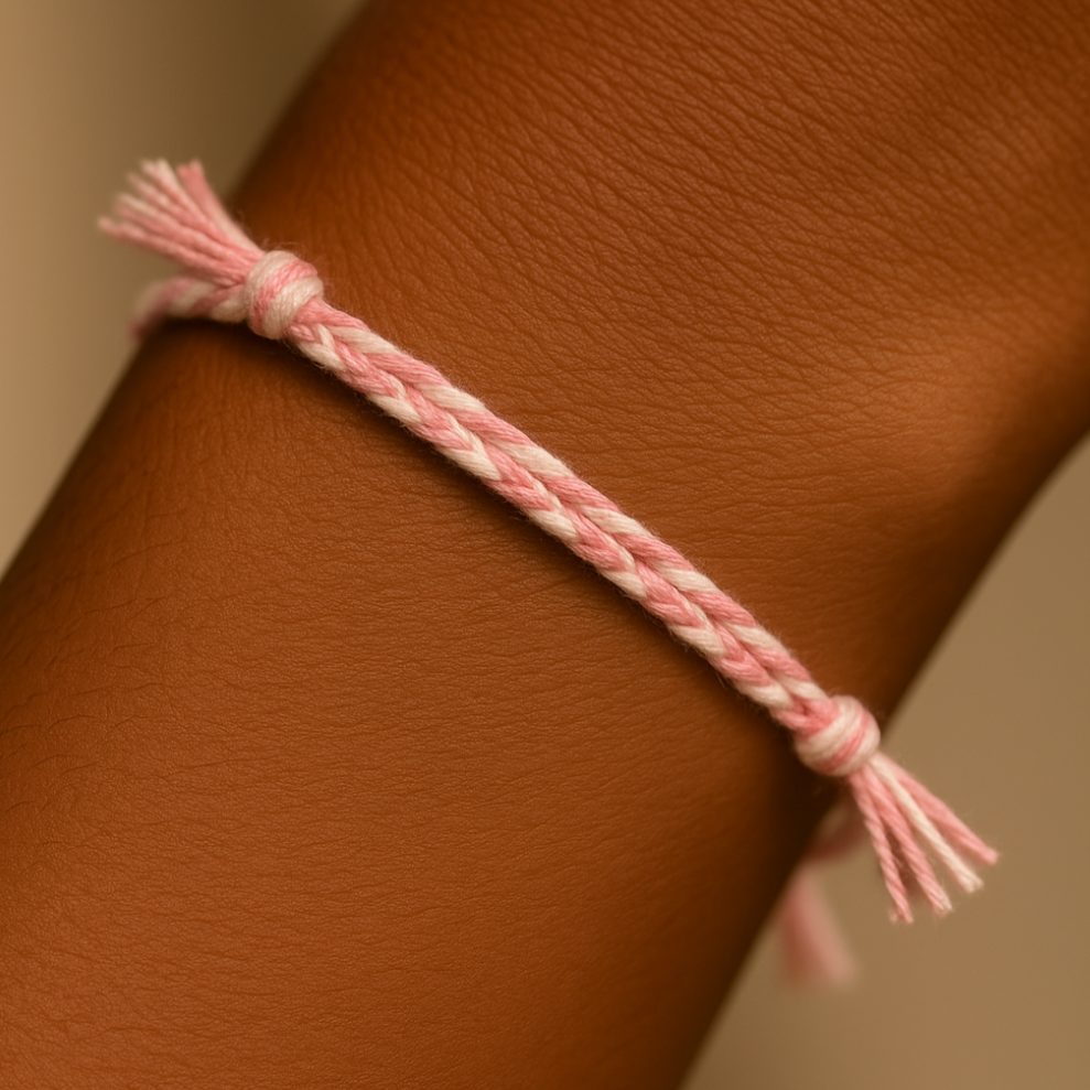 Pink braided bracelet on a wrist with a neutral background