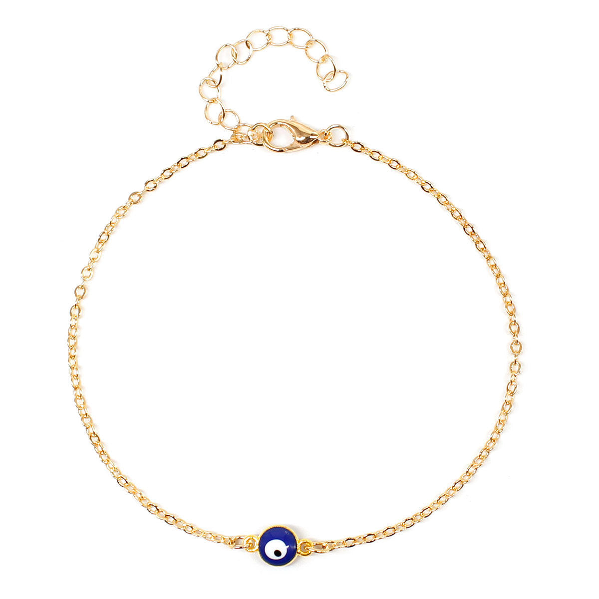 Gold bracelet with a blue evil eye charm on a white background