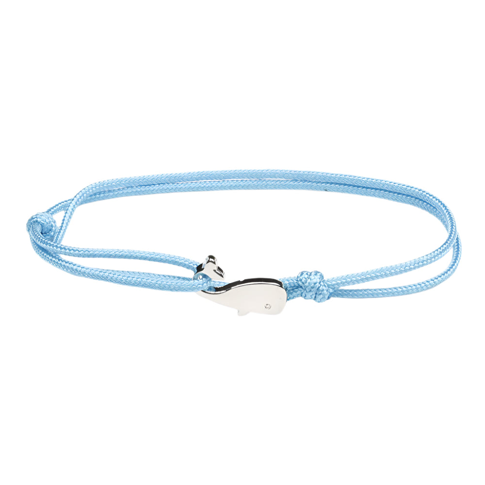 Light blue bracelet with silver-tone whale charm on adjustable cord
