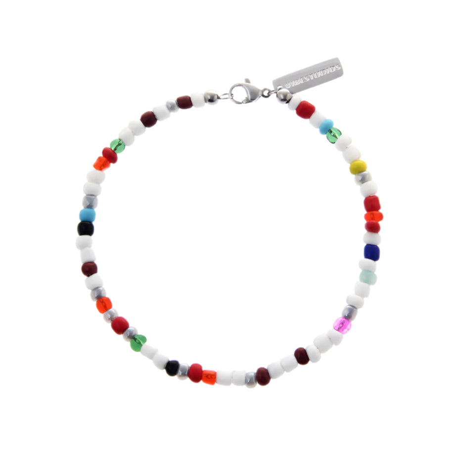 Multicolored glass bead bracelet with silver tag and clasp