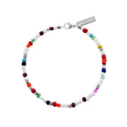 Multicolored glass bead bracelet with silver tag and clasp