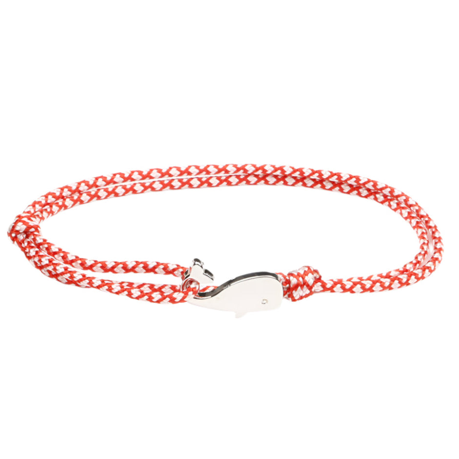 Red and white bracelet with silver whale charm