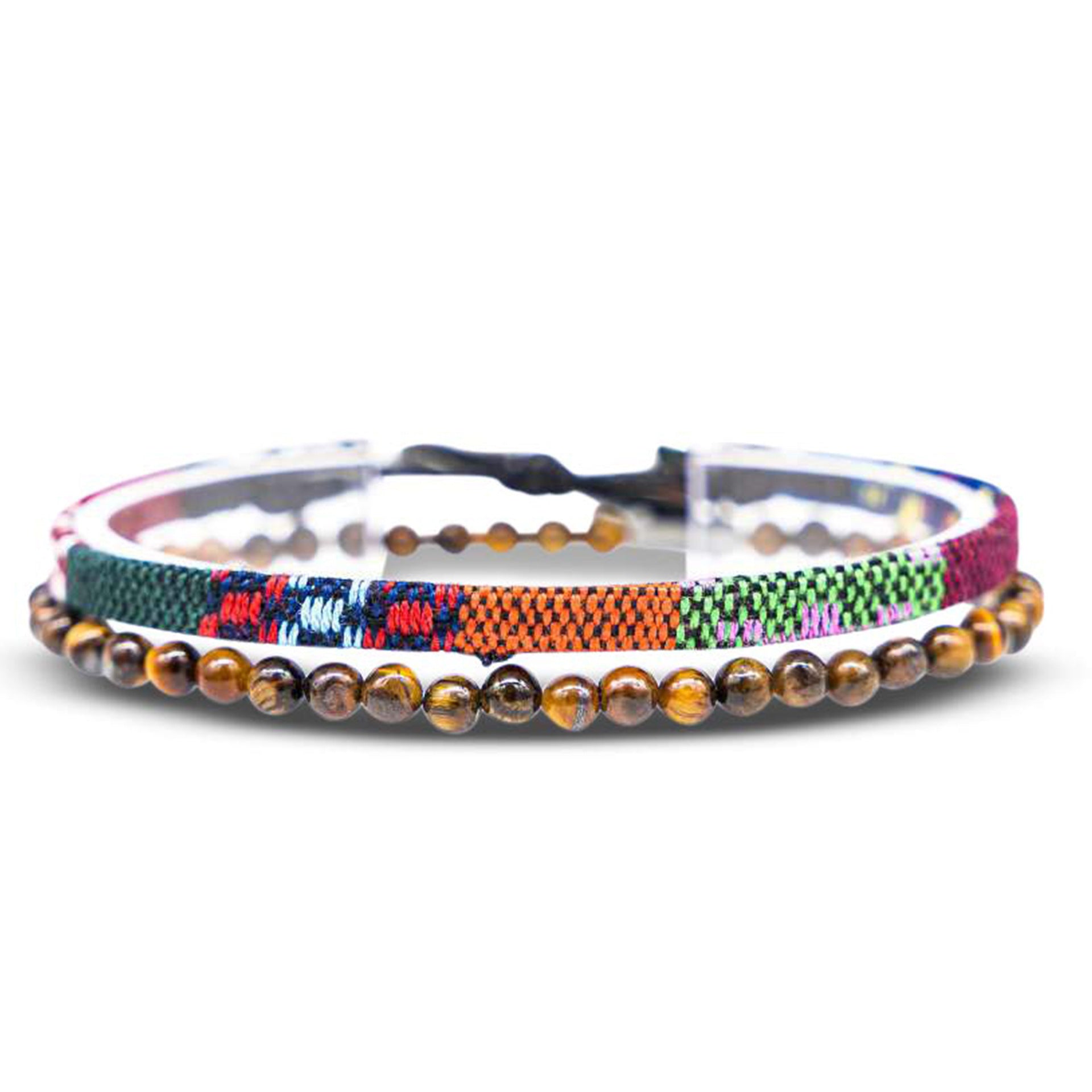 Colorful woven and beaded bracelet set with tribal-inspired patterns and natural tiger eye stones.
