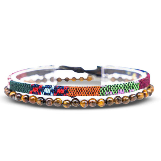 Colorful woven and beaded bracelet set with tribal-inspired patterns and natural tiger eye stones.