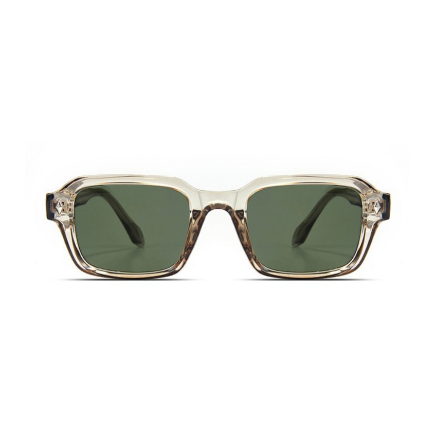 Sunglasses with a beige frame and green lenses on a white background