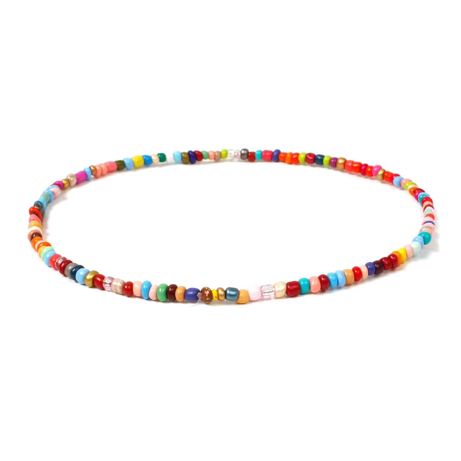 Close-up of a handmade multicolor beaded necklace arranged in a circle on a white background, showing its vibrant glass beads in various colors and sizes.