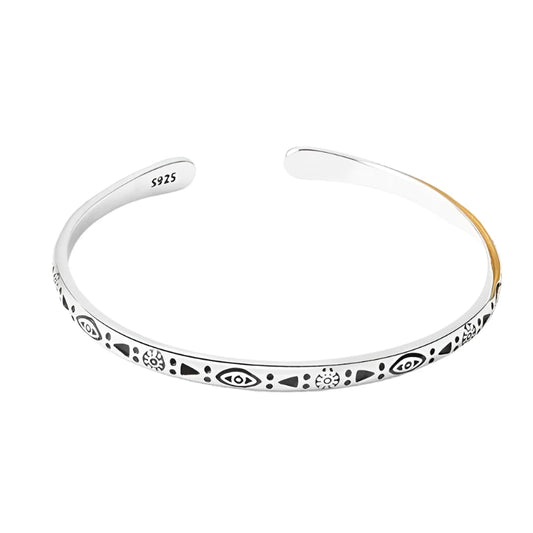 Sterling silver open cuff bangle with engraved protective symbols
