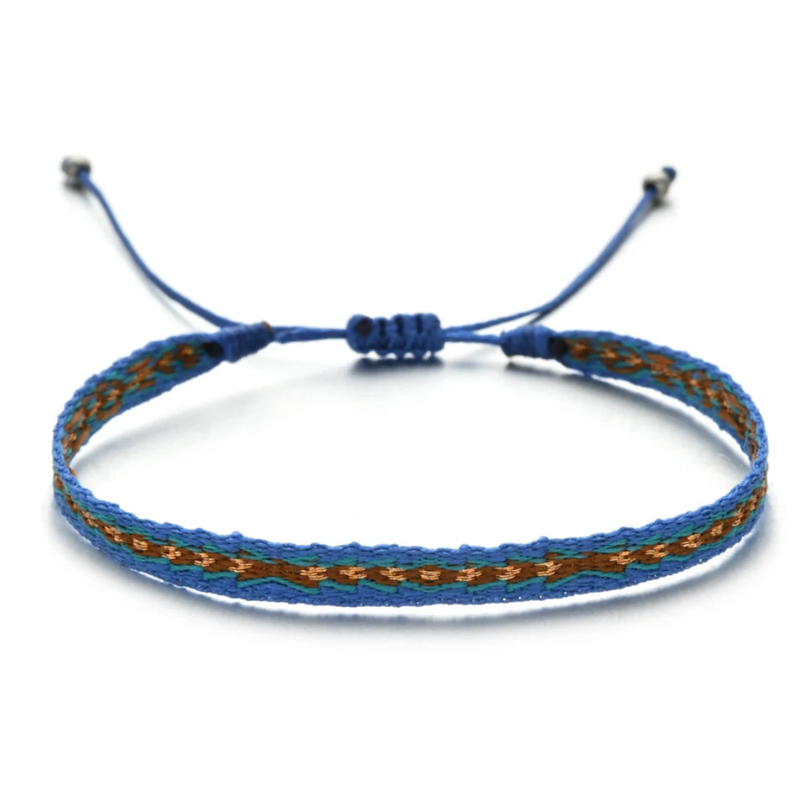Blue and brown braided bracelet on a white background