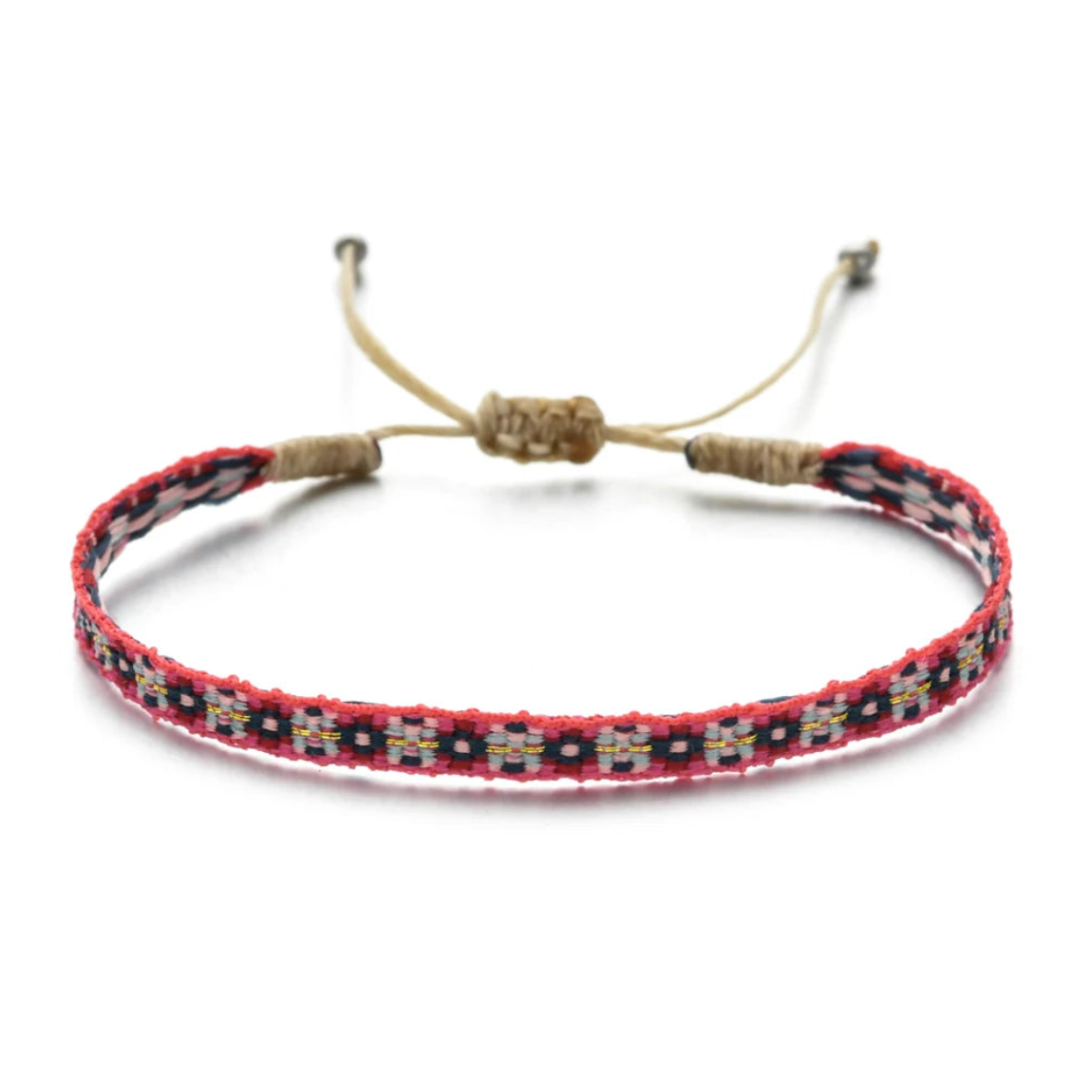 Woven cotton bracelet in dark blue with red edges and colorful geometric pattern, adjustable pull-string closure