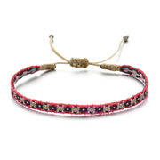 Woven cotton bracelet in dark blue with red edges and colorful geometric pattern, adjustable pull-string closure