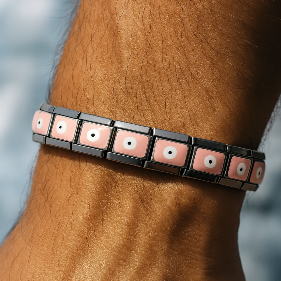 Polished Stainless Steel Pink Evil Eye Charm Bracelet