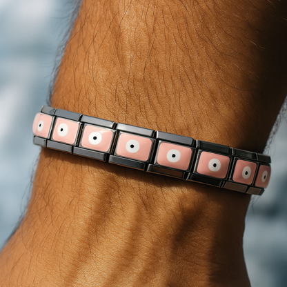 Polished Stainless Steel Pink Evil Eye Charm Bracelet