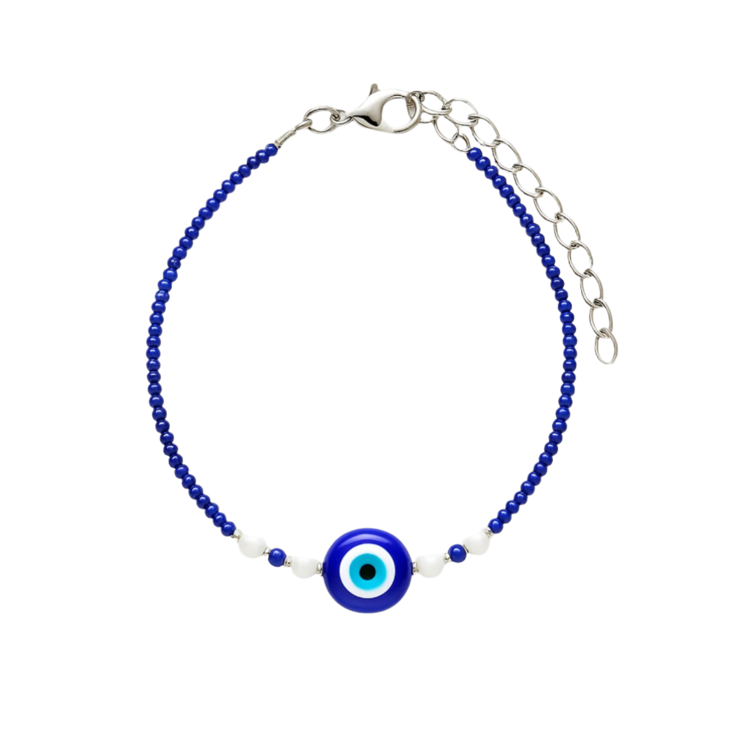 Handmade blue beaded bracelet with a central blue evil eye and white accent beads, featuring adjustable silver chain clasp.
