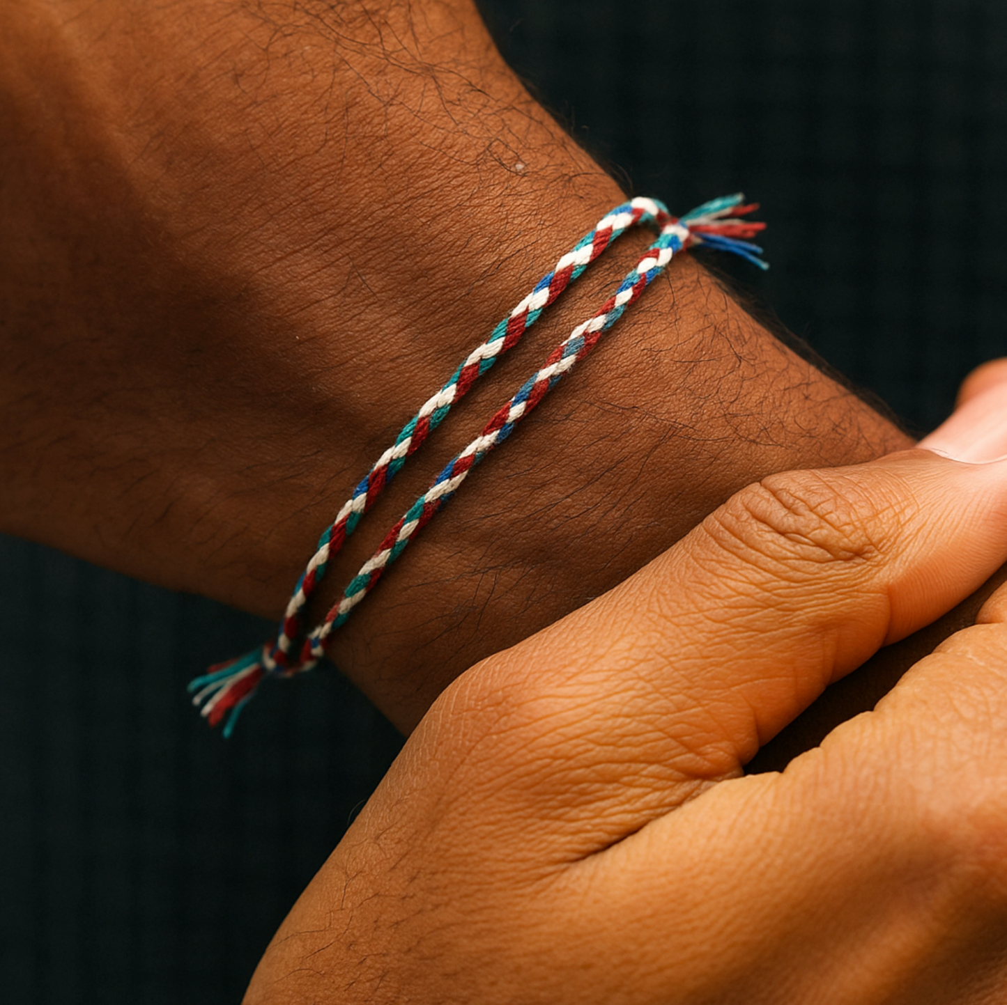 Close-up of a wrist wearing a braided bracelet with red, white, and blue strings.