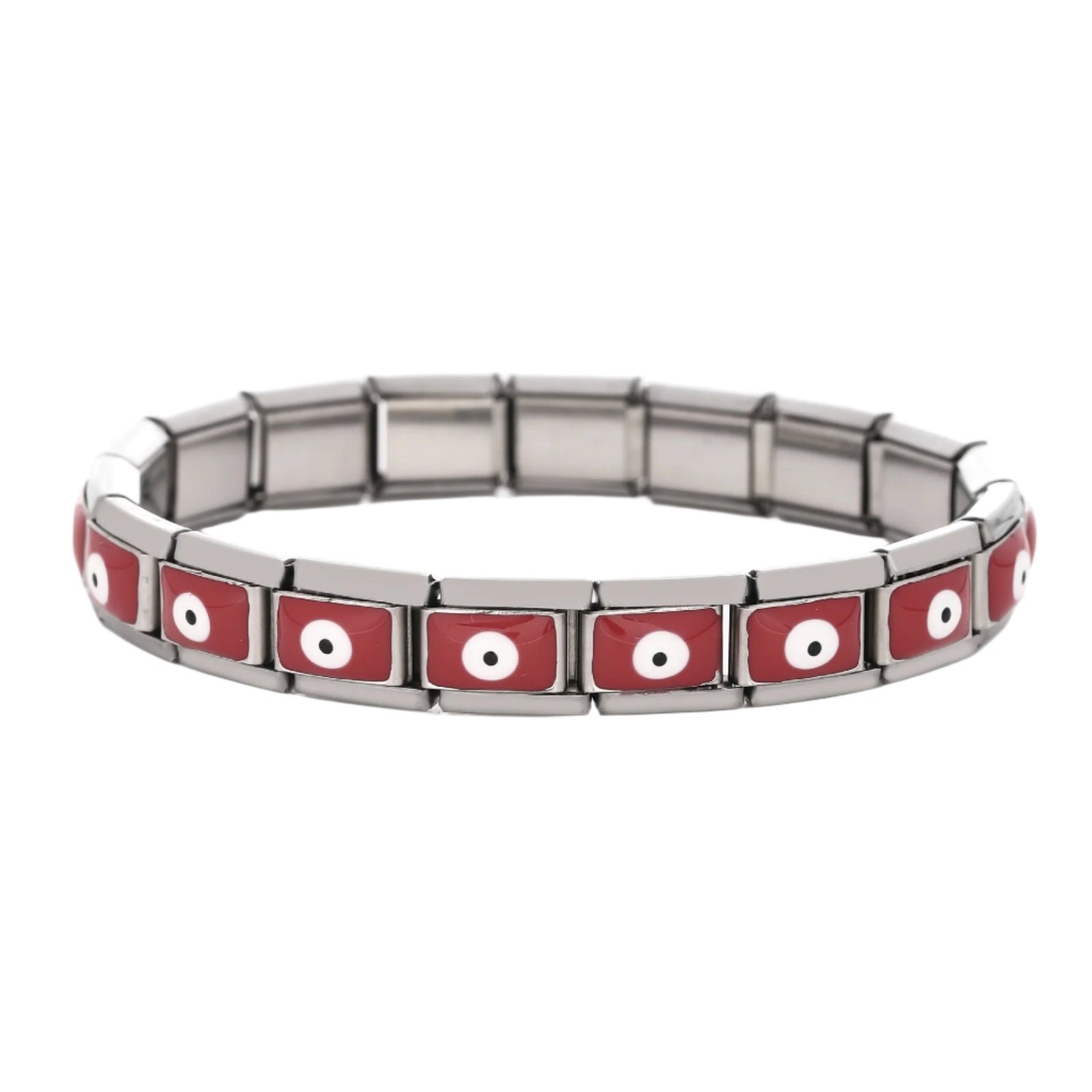 Red enamel evil eye bracelet with silver stainless steel links, styled in a circle on white background