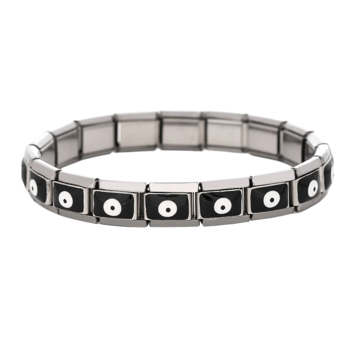 A stainless steel bracelet featuring black evil eye motifs arranged in rectangular links, laid in a circular form on a white background.