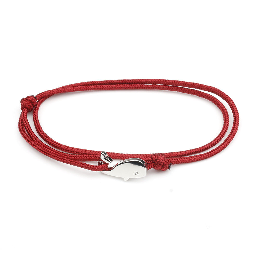 Wine red bracelet with silver-tone whale charm