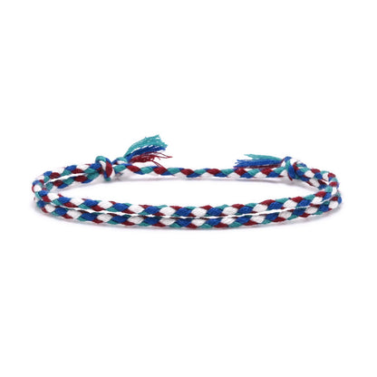 Braided bracelet with red, white, and blue colors on a white background