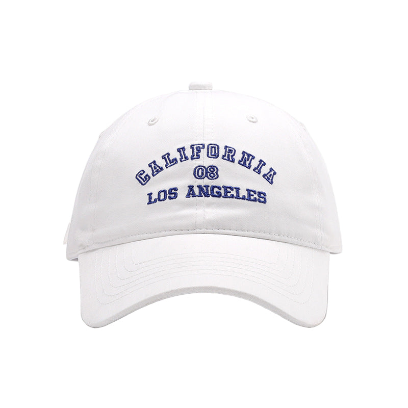 White cap with 'California 08 Los Angeles' text on a white background
