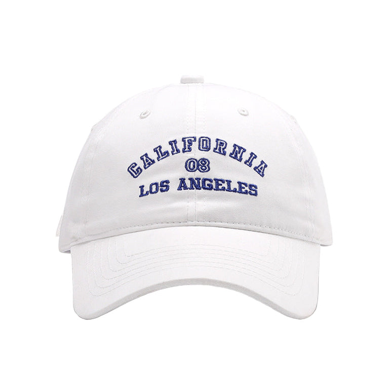 White cap with 'California 08 Los Angeles' text on a white background