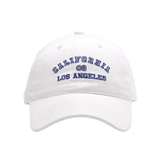 White cap with 'California 08 Los Angeles' text on a white background