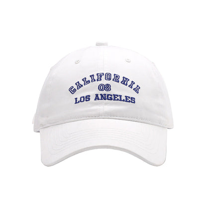 White cap with 'California 08 Los Angeles' text on a white background