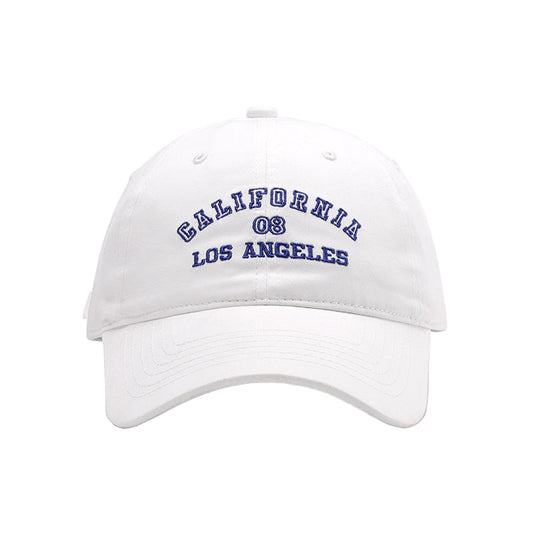 White cap with 'California 08 Los Angeles' text on a white background
