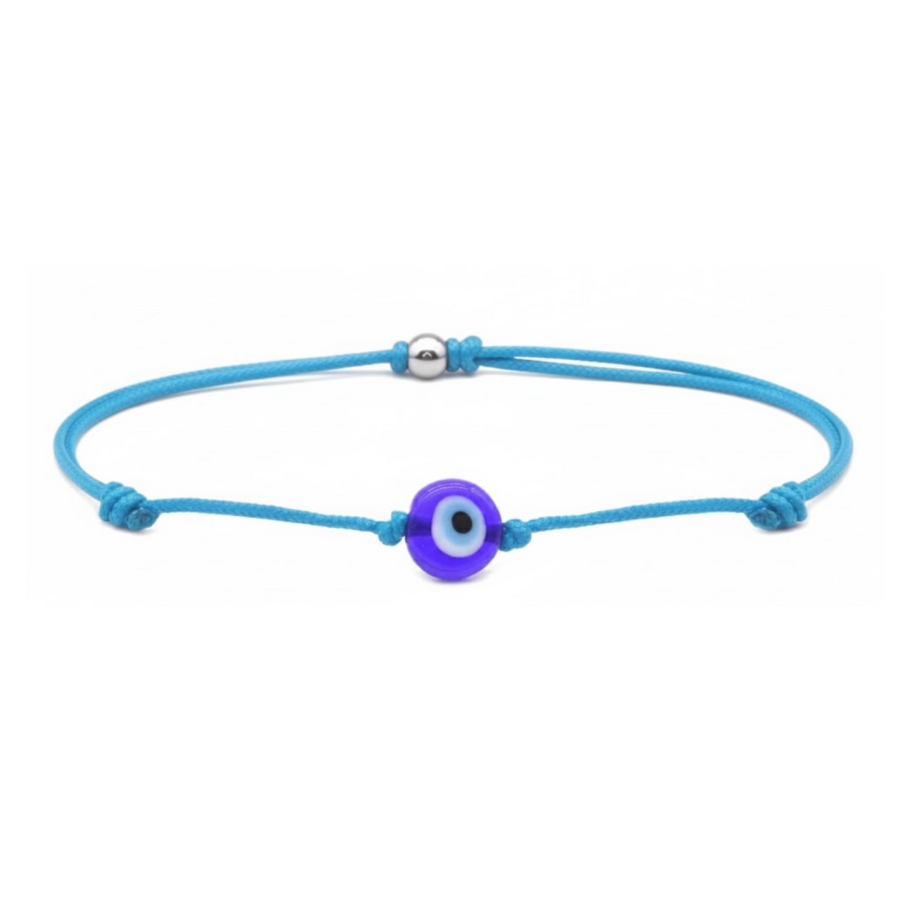 Blue bracelet with a small purple evil eye charm on a white background