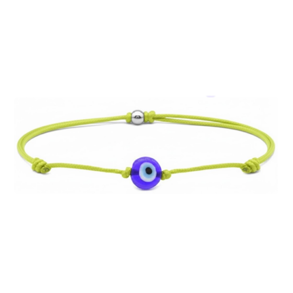 Yellow bracelet with a blue evil eye charm on a white background