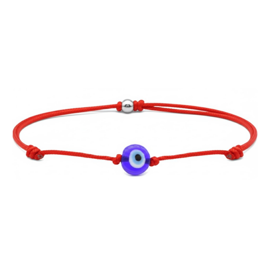 Red bracelet with a blue evil eye charm on a white background