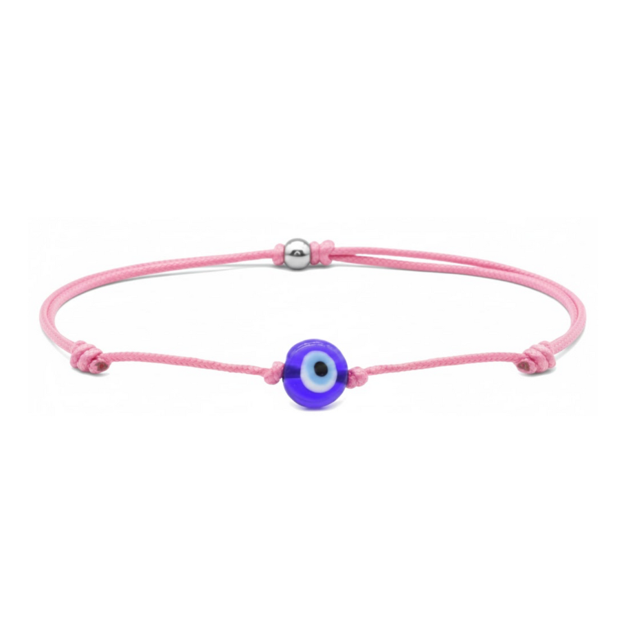 Pink bracelet with a blue evil eye charm on a white background