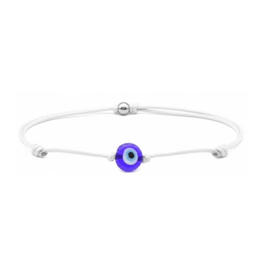 Silver bracelet with a blue evil eye charm on a white background