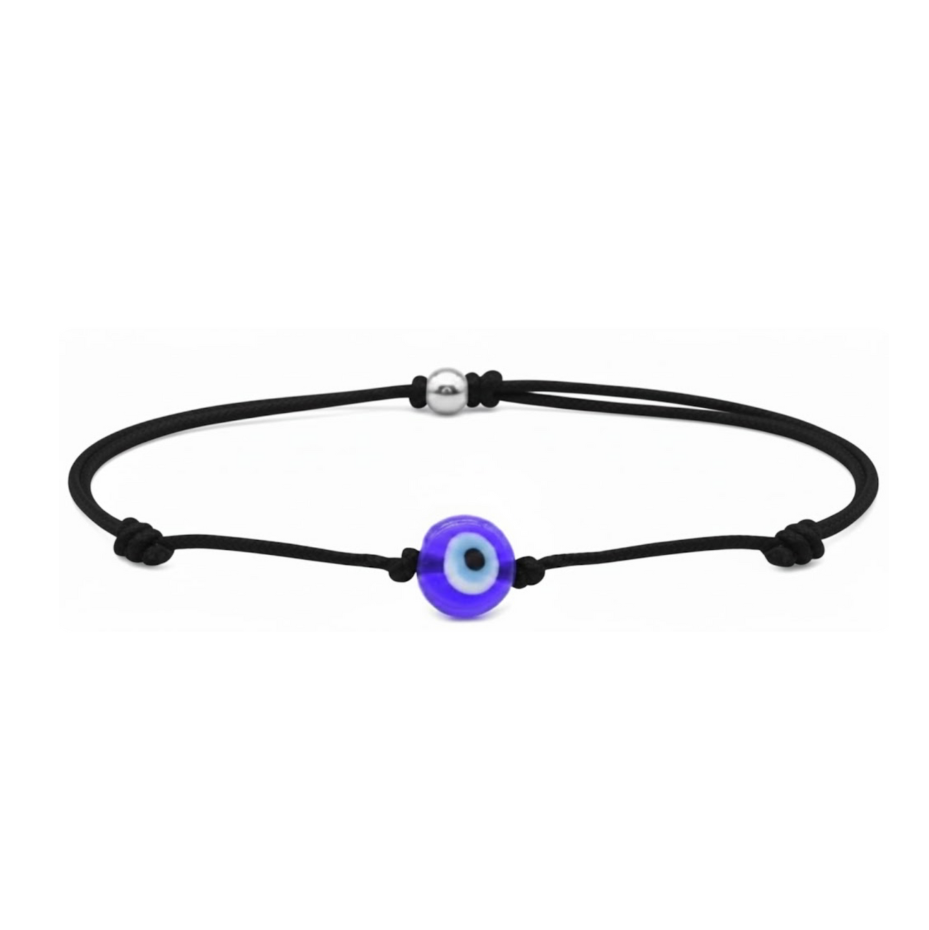 Black cord bracelet with a purple eye-shaped charm on a white background
