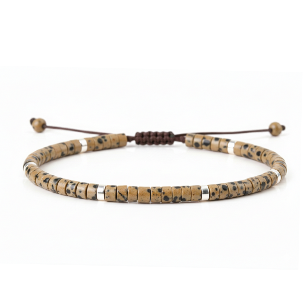 Beaded bracelet with brown and beige beads on a white background