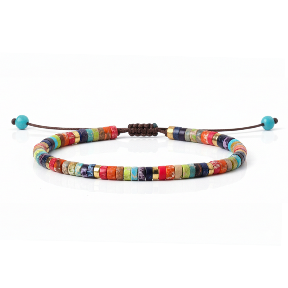 Multicolored beaded bracelet on a white background